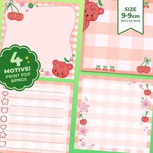 Puede incluir: Cuatro páginas de planificador imprimibles con un patrón de cuadros rosa y blanco. Cada página presenta un diseño diferente con cerezas, flores y un lindo oso. Las páginas miden 9 x 9 cm (3,5 x 3,5 pulgadas).