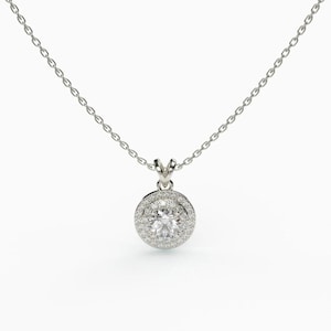 6.5mm Round with Double Halo Pendent with Chain In 925 Starling Silver / Simulated CZ Pendant with V Loop/ Mother Daughter, Anniversary Gift