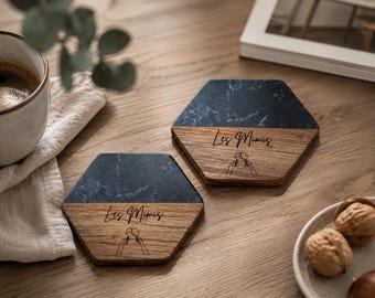 Dessous de verre personnalisé bois & marbre | Cadeau invité mariage | Sous-verre gravé | Cadeau couple