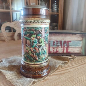Vintage German Beer Stein 1L: Hunter&#39;s Scene Ceramic Mug with Pewter Lid