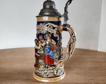 Hand-Painted German Beer Stein, Pewter Lid, West Germany Collectible, Rustic Bar Decor