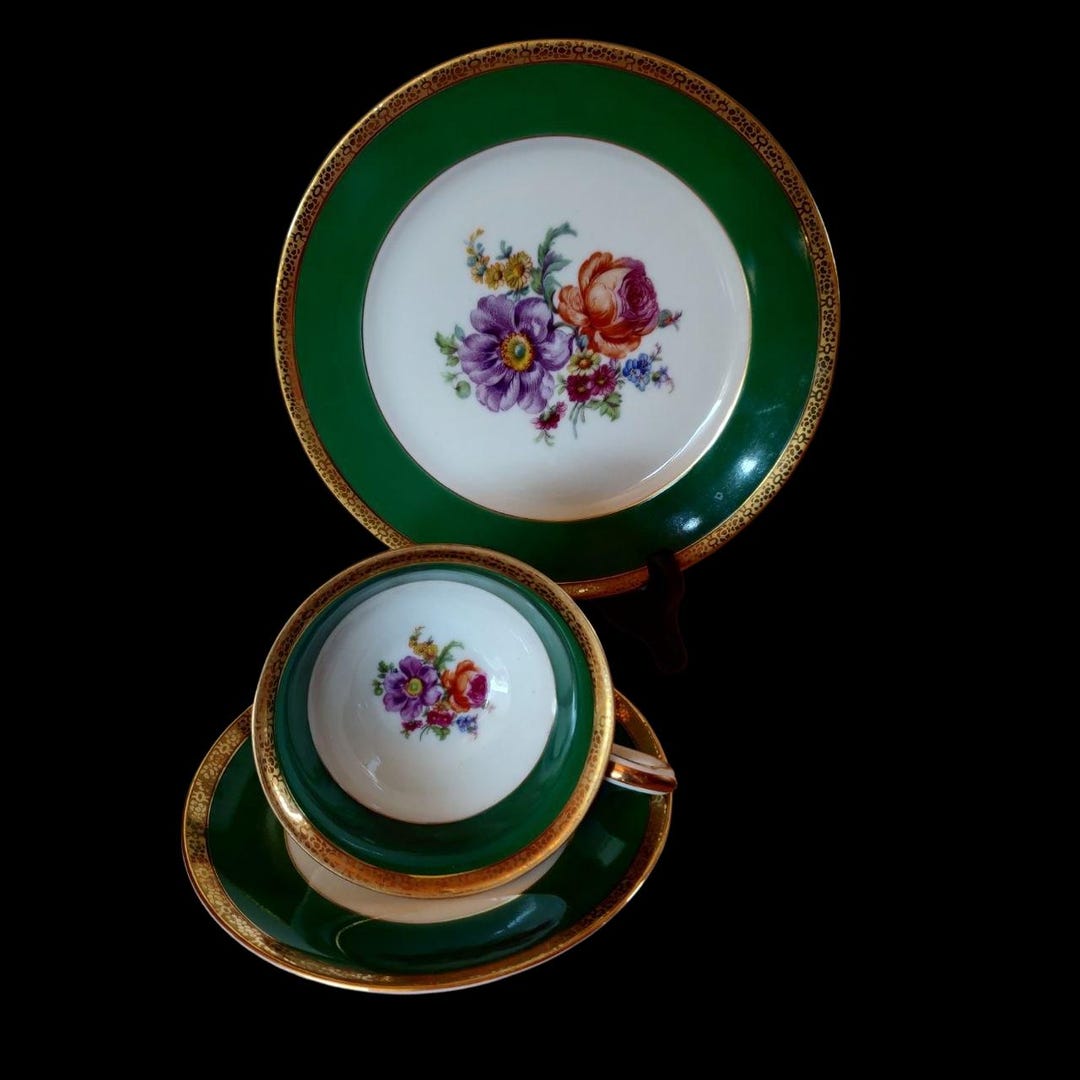 Vintage Bavarian Tea Trio – Emerald Green Gold Meissen Style Floral ...