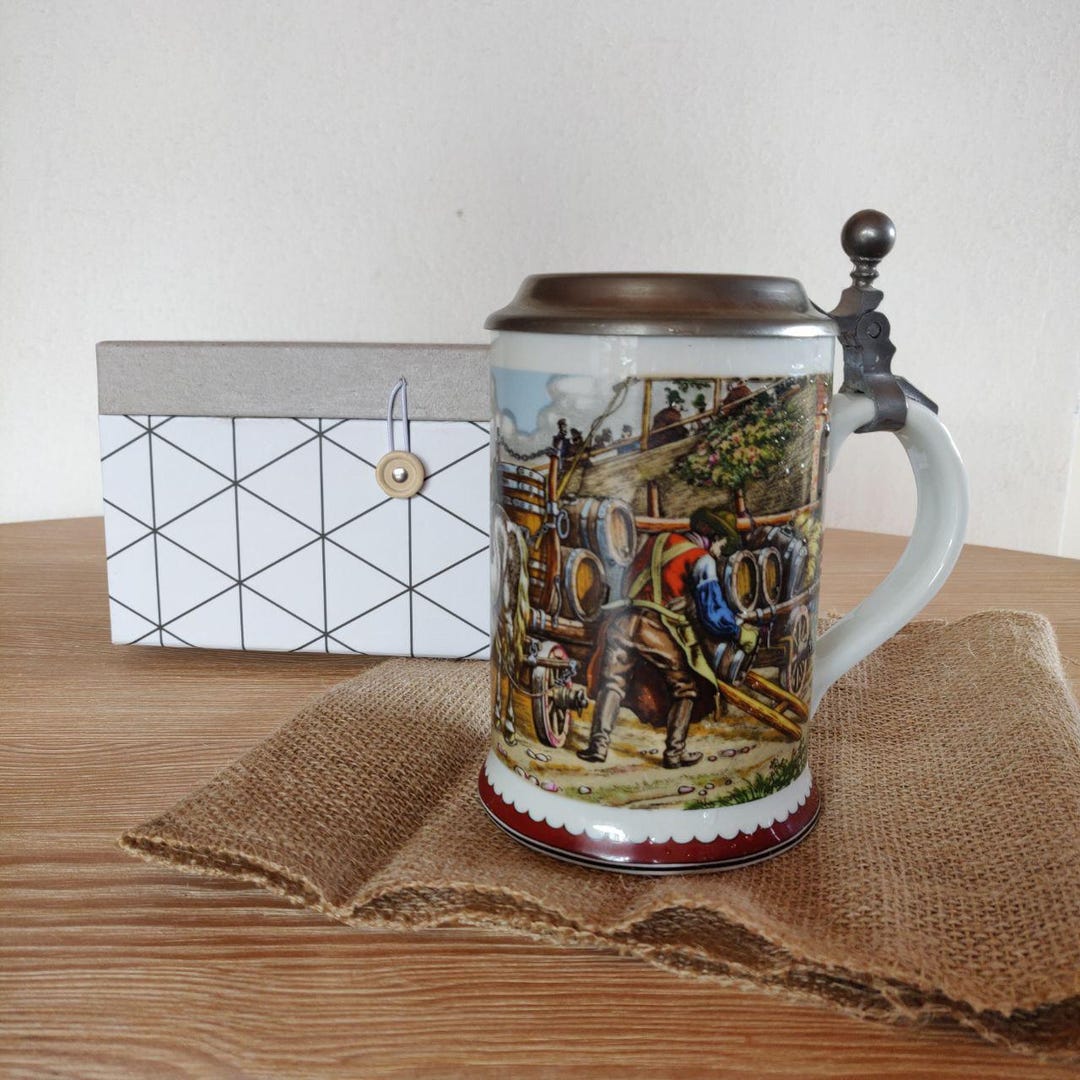 Vintage German Beer Stein With Pewter Lid – Colorful Brewery Scene