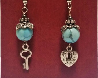 Turquoise and Silver dangle Earrings, Heart Lock and Key