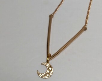 Gold Necklace with Crescent MOON charm , V necklace