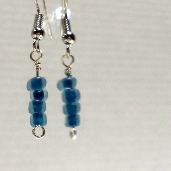 tiny frosted turquoise glass bead EARRINGS, silver wires