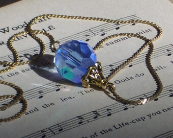 FROZEN, Faceted Blue Aurora Borealis Necklace with Vintage 12K gold chain