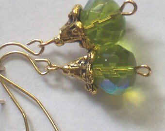 Antique Style Aurora Borealis Crystal Earrings / Peridot Green