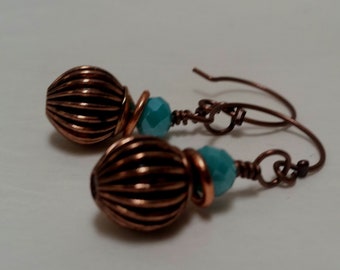Antiqued Copper and faceted turquoise glass dangle earrings