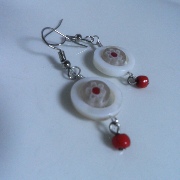 earrings, "Candy Drops" Italian Millefiori Glass with shell, pale pink white n' red