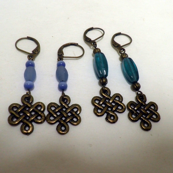 Celtic Knot Earrings, dangle with glass beads and Oxidized brass, 2 different choices