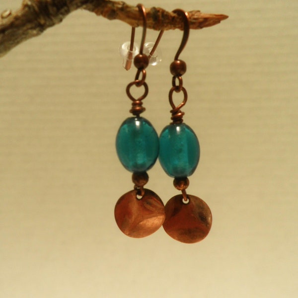 turquoise Glass and Copper Earrings, dangle earrings