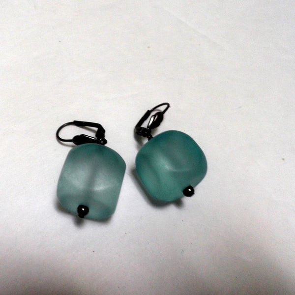 MOD Acrylic Earrings, large pale turquoise cube beads, gunmetal silver