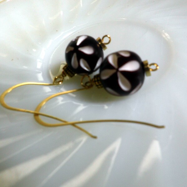 black n' white carved Sphere EARRINGS, gold findings, dangle