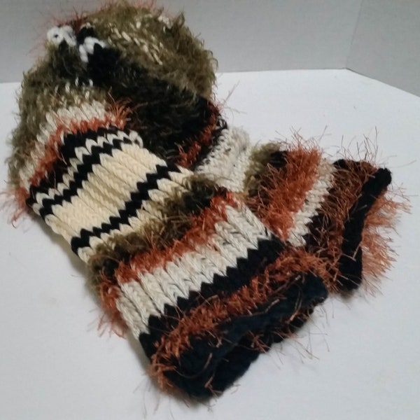 super soft handknit SCARF, sage ivory black and rust mixed yarns