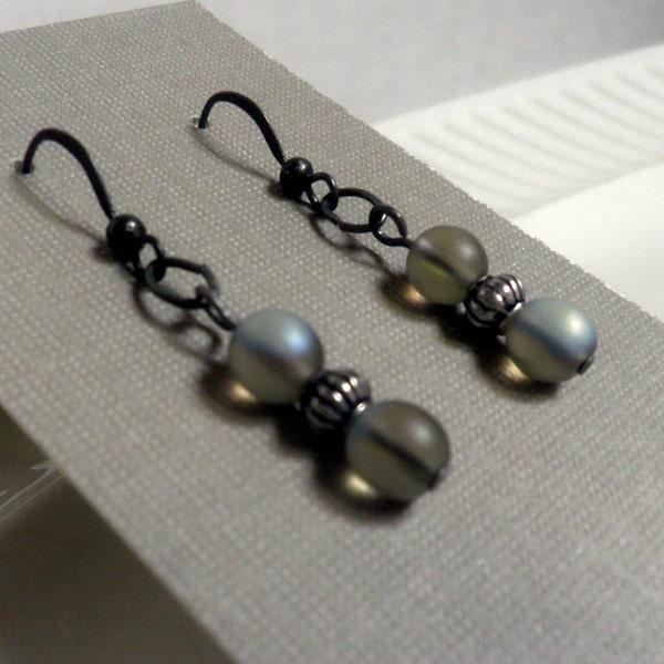 earrings, frosted Aurora Borealis Glass beads with antiqued silver