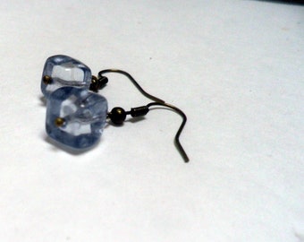 Tiny BLUE glass CUBE earrings,  brass, minimalist jewelry