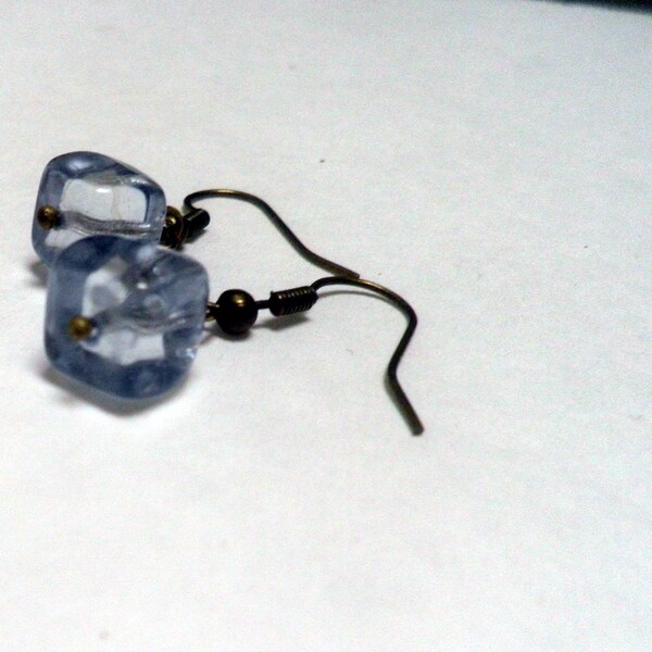 Tiny BLUE glass CUBE earrings,  brass, minimalist jewelry (click "Item details" below for more info)