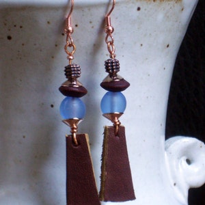 Leather earrings, Blue glass n' brown Leather image 1