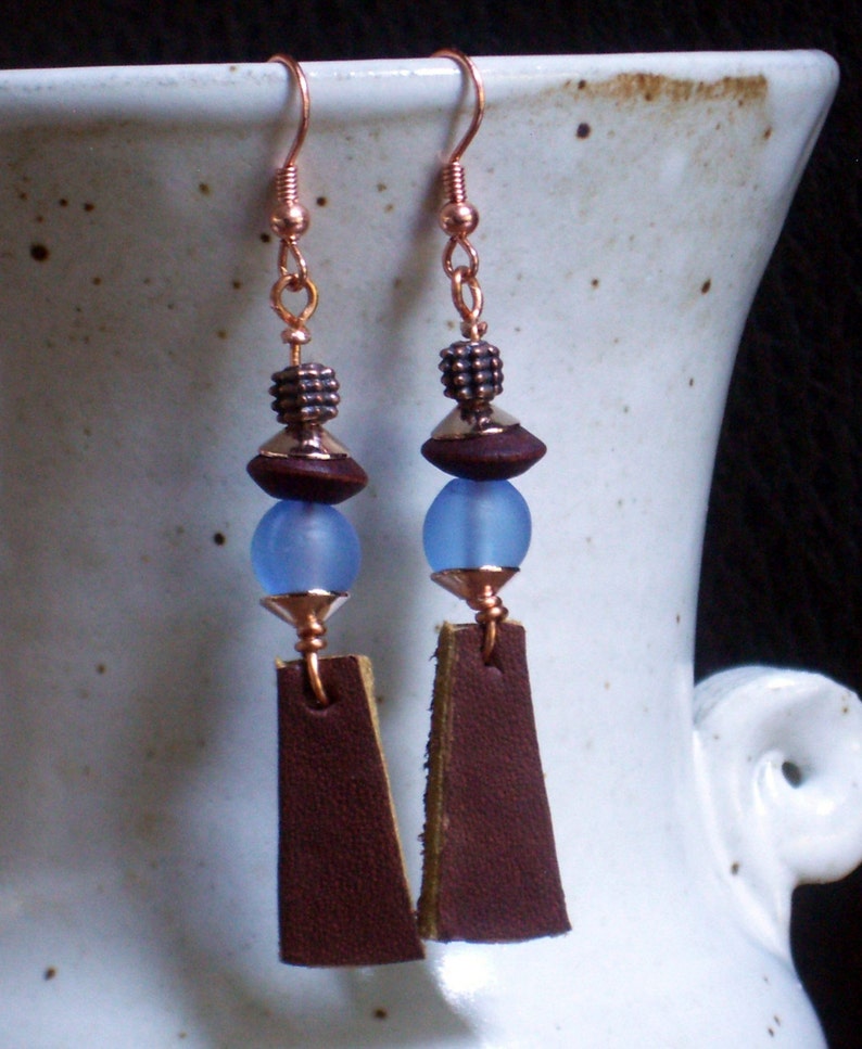 Leather earrings, Blue glass n' brown Leather image 1