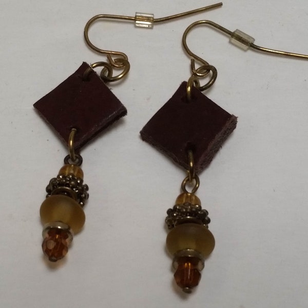 lightweight Leather and glass dangle EARRINGS, Gold glass