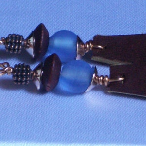 Leather earrings, Blue glass n' brown Leather image 2