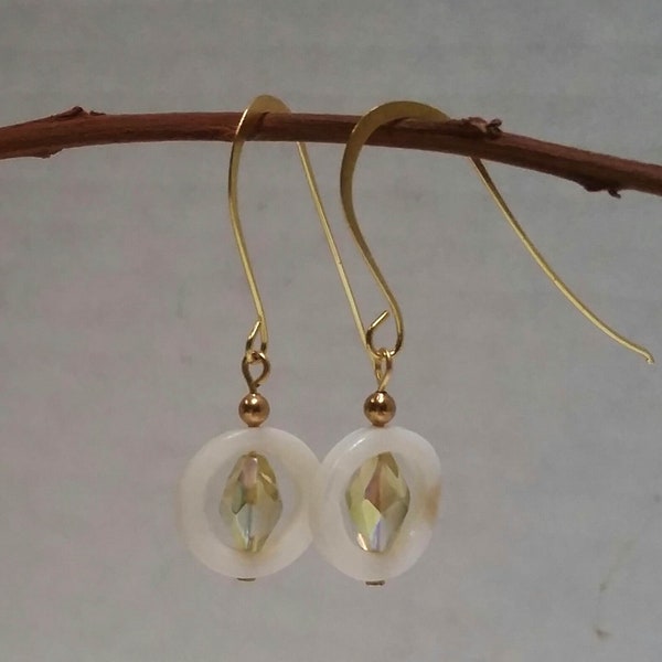 dangle earrings Mother of Pearl circles with faceted yellow Aurora Borealis crystals, goldtone
