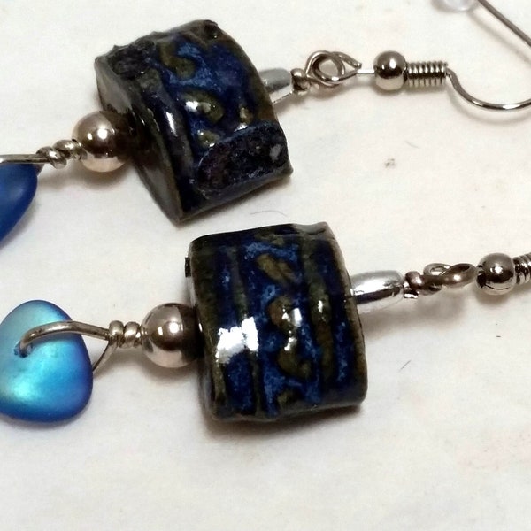 OOAK dangle Earrings, handmade Ceramic bead, dichroic glass, silver