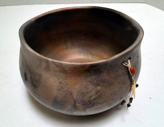 Pit Fired Out Of The Fire Vessel With Gold Feather Etsy