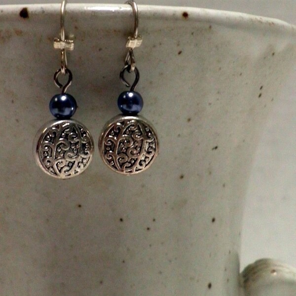 Earrings, dainty blue-gray PEARLS and embossed Silver Bead