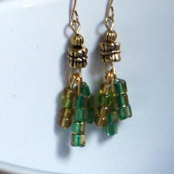 60% OFF...green and amber-gold Glass bead earrings, dangle