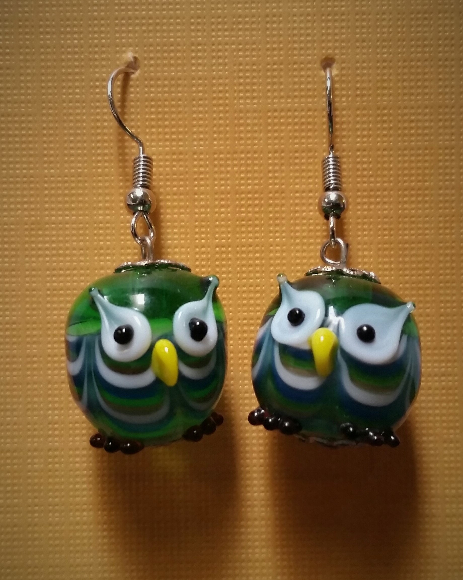 Owl earrings, lampwork glass