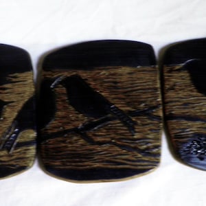 TRIPTYCH hand carved Scrafitto wall plaques / ceramic tiles, BIRD motif, handmade wall decor