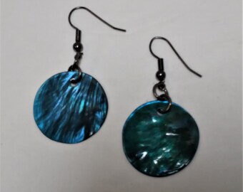 dangle Earrings of dark Turquoise Blue Shell discs, gunmetal findings