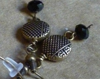 Black and Brass earrings, oxidized brass and Czech glass