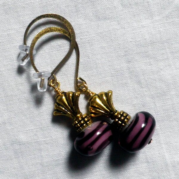 lampwork Glass Earrings, Purple and gold