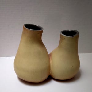 May include: A handcrafted, double-chambered ceramic vase. The vase features a light yellow body with a darker rim and a connecting base. The design is organic and modern, suitable for displaying flowers or as a decorative accent.