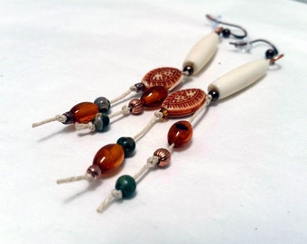 long Dangle earrings with bone, Jasper and copper, BoHo hippie Festival look