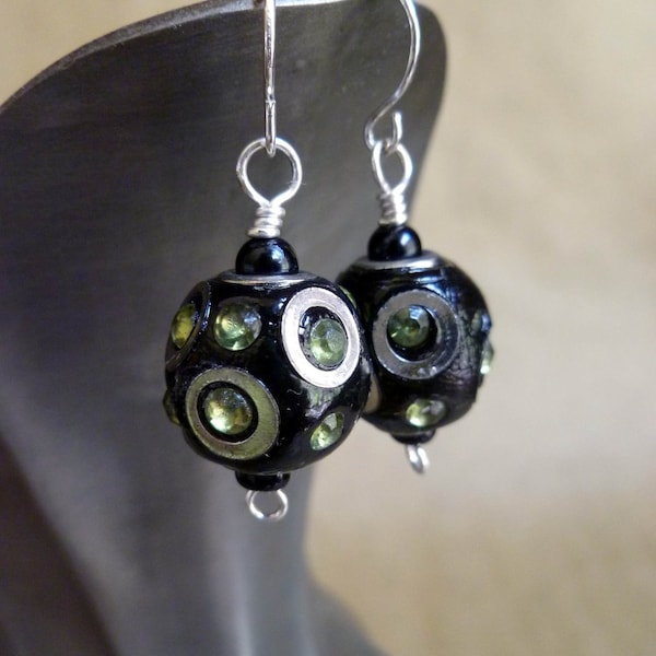 MOD Dangle Earrings, Black n' Silver with Peridot rhinestones, lightweight