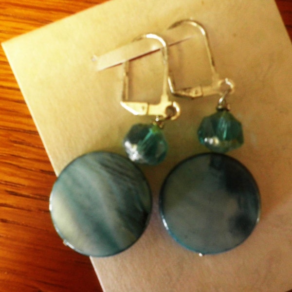 Aquamarine Shell Disc earrings, dangle