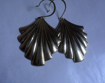 earrings, large Gold metal FAN shape, dangle