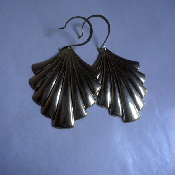 earrings, large Gold metal FAN shape, dangle