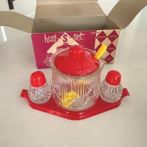 Vintage Mid-Century Host-S-Set Condiment Server with Original Box ~ Red Plastic & Glass Jam or Jelly Set