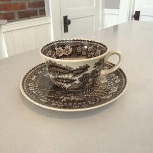 Antique Brown Transferware Teacup Saucer: Tower Pattern, De Sphinx Maastricht Pottery