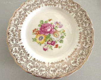 Vintage Floral Dessert Plate with Gold Filigree Rim ~ Scalloped Edge Cottage Style Dish ~ Canonsburg Pottery Company ~ 22 K gold edge