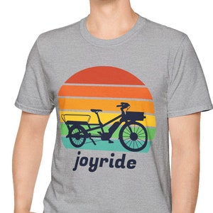 Joyride Retro Sunset Longtail T-Shirt, Cargo Bike Silhouette Tee, Vintage Style Bicycle Top, Unisex Graphic Shirt, Cycling Apparel