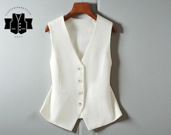 Women's Slim Fit V-Neck Vest | Button Up Short Waistcoat | Sleeveless Tailored Top | Chic Layering Piece | Elegant Business Outfit