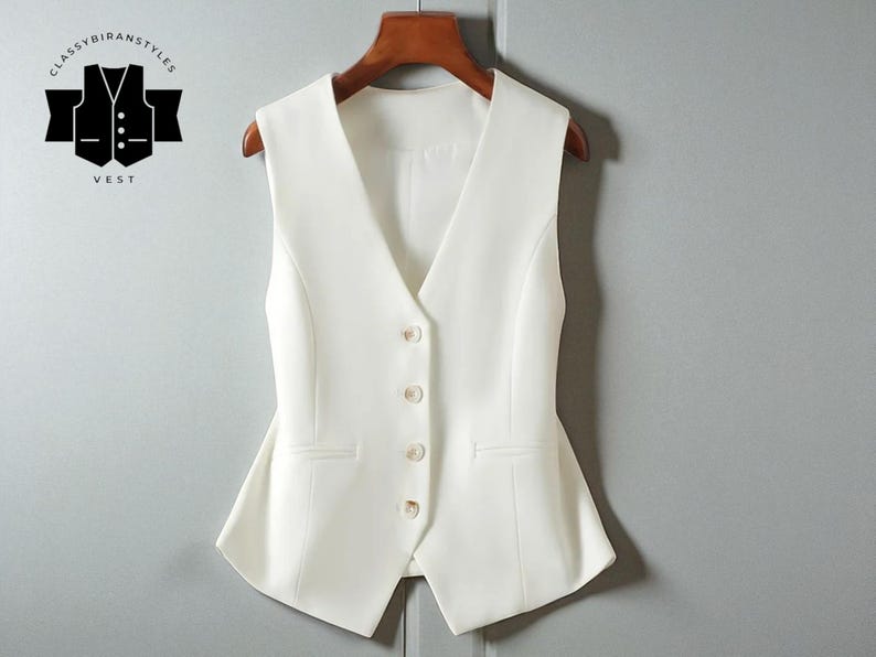 May include: A cream-coloured waistcoat with a V-neck and four buttons. The waistcoat has two front pockets and is hanging on a wooden hanger. The logo "CLASSYBIRANSTYLES VEST" is in the upper left corner.