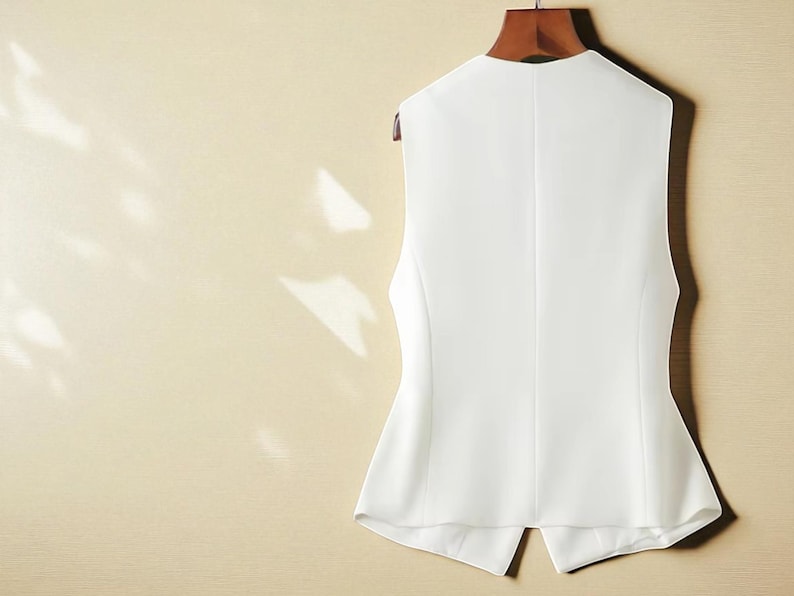 May include: A white vest hangs on a wooden hanger against a light beige wall. The vest has a V-neck and a split at the bottom hem. The back of the vest is visible, showing a tailored design.