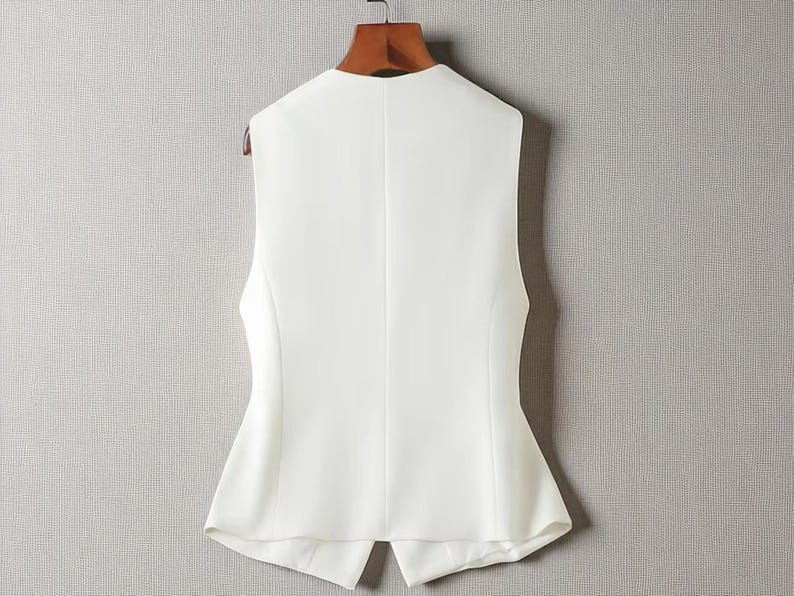 May include: A white sleeveless vest with a tailored design. The back view reveals a V-neck and a split hem. The vest is suspended on a wooden hanger against a neutral backdrop.